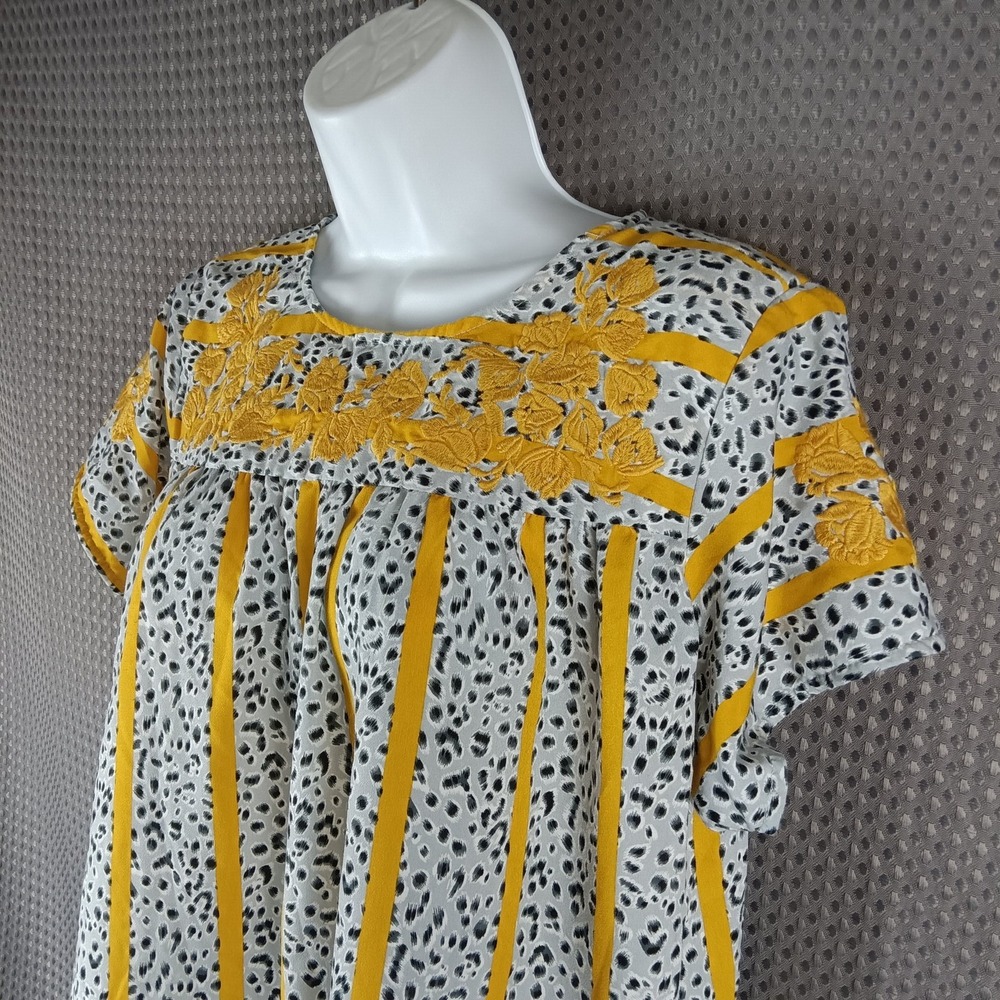 See and Be Seen Embroidered Blouse Yellow Floral Leopard Print Top Size S Boho